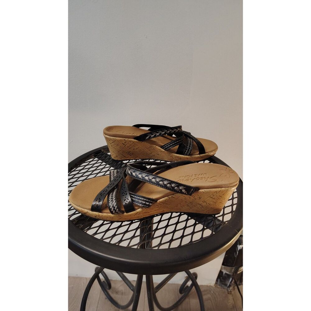 Skechers Women's Cali Luxe Foam Black‎ Strap Wedge Sandals Size 9